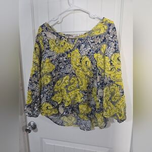 Cato Woman Paisley Boho Blouse 22/24W Yellow Blue Flowy Top